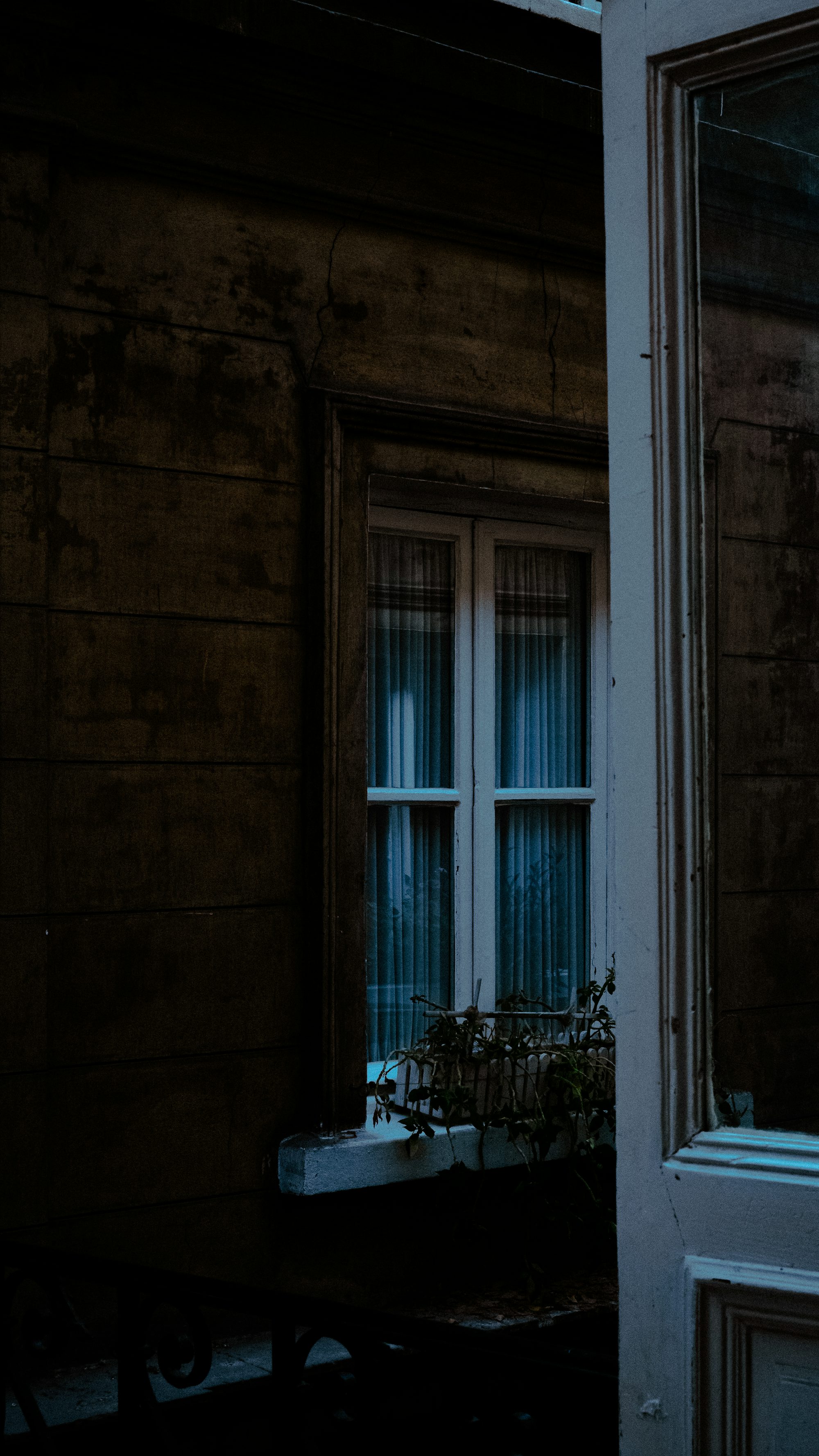 A window with a reflection of a house in it